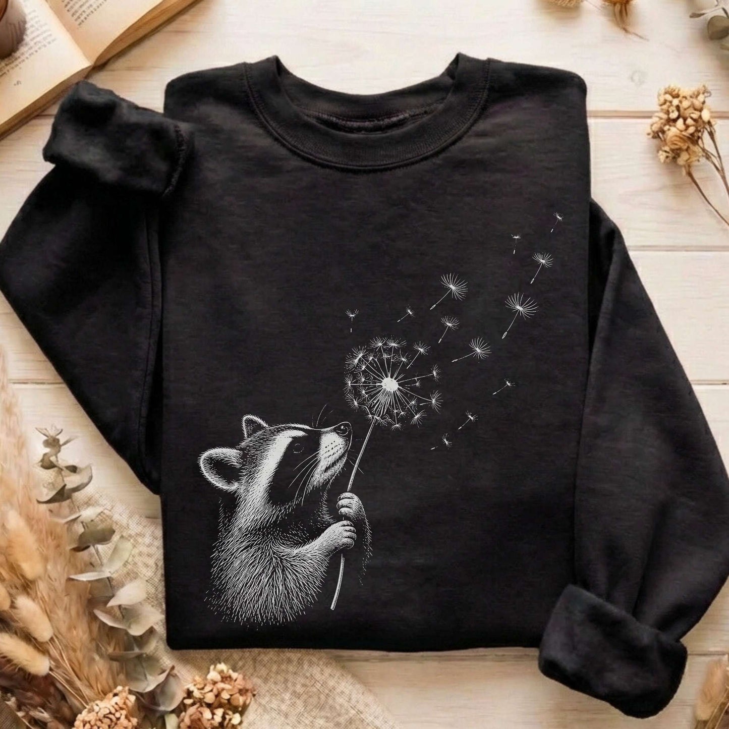 Dandelion Wish Whimsical Raccoon Sweatshirt
