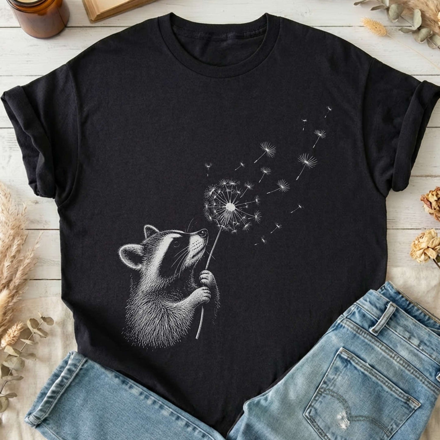 Dandelion Wish Whimsical Raccoon T-Shirt
