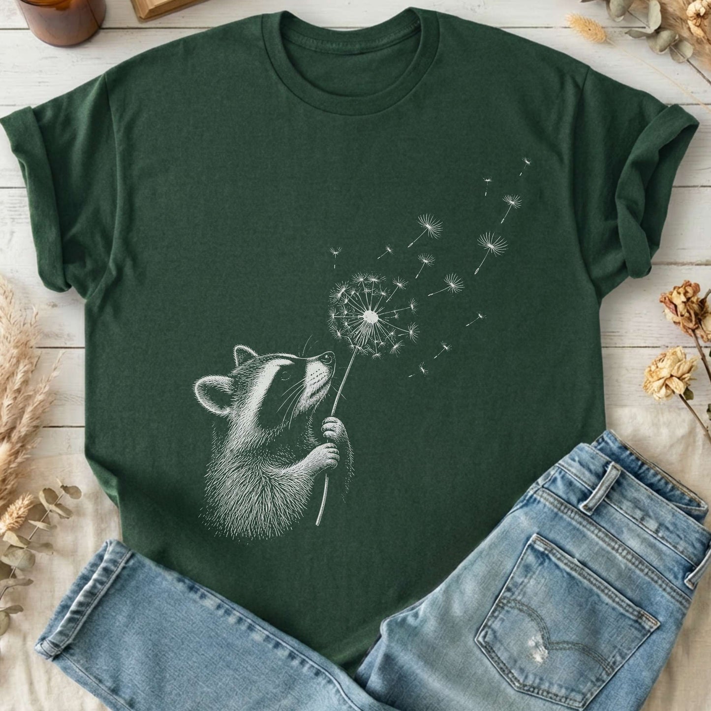Dandelion Wish Whimsical Raccoon T-Shirt