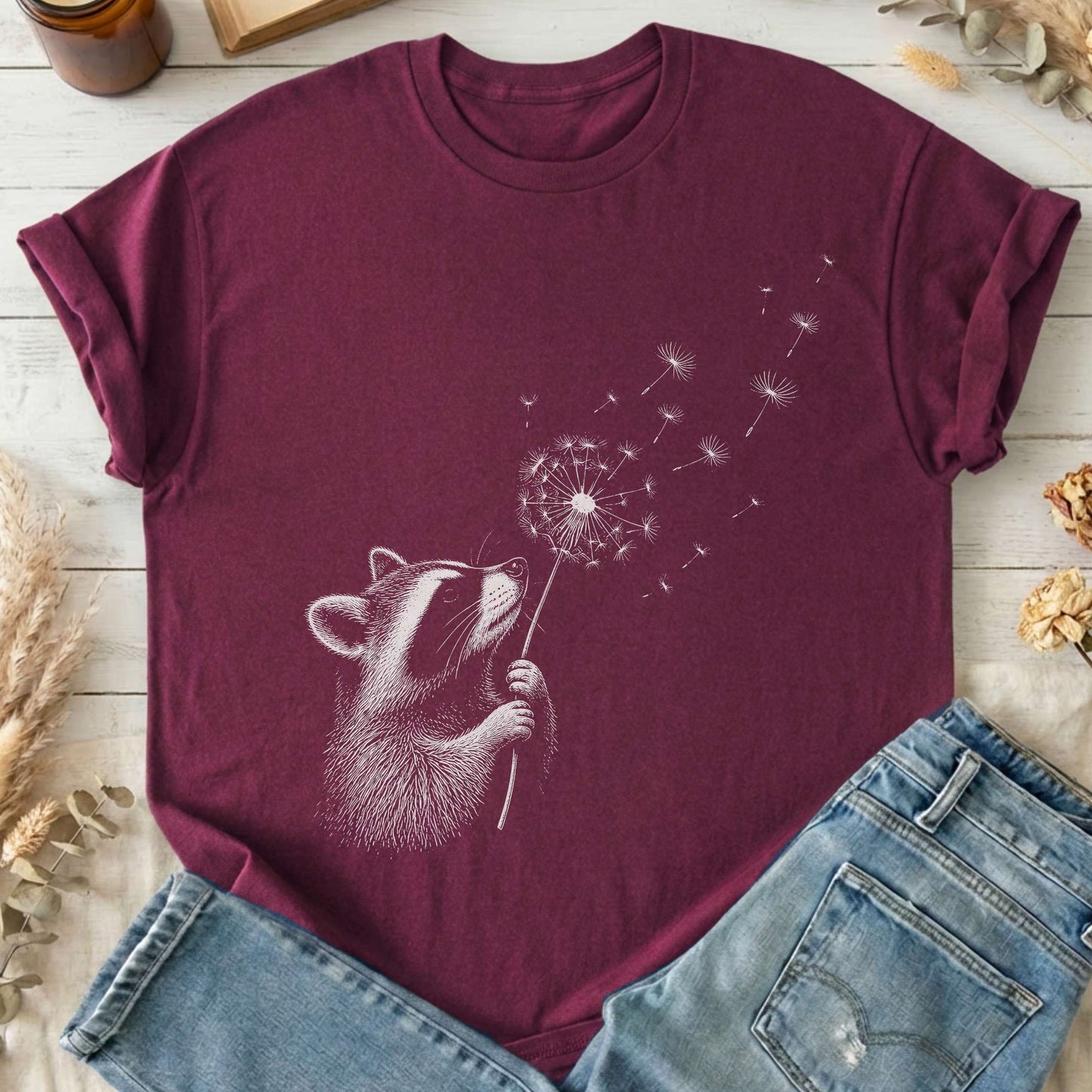 Dandelion Wish Whimsical Raccoon T-Shirt