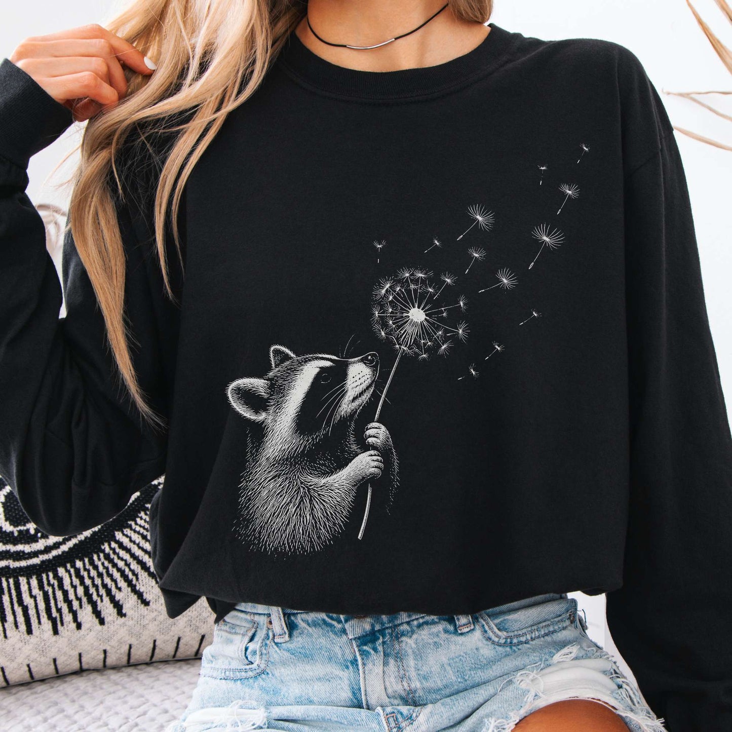 Dandelion Wish Whimsical Raccoon Long Sleeve