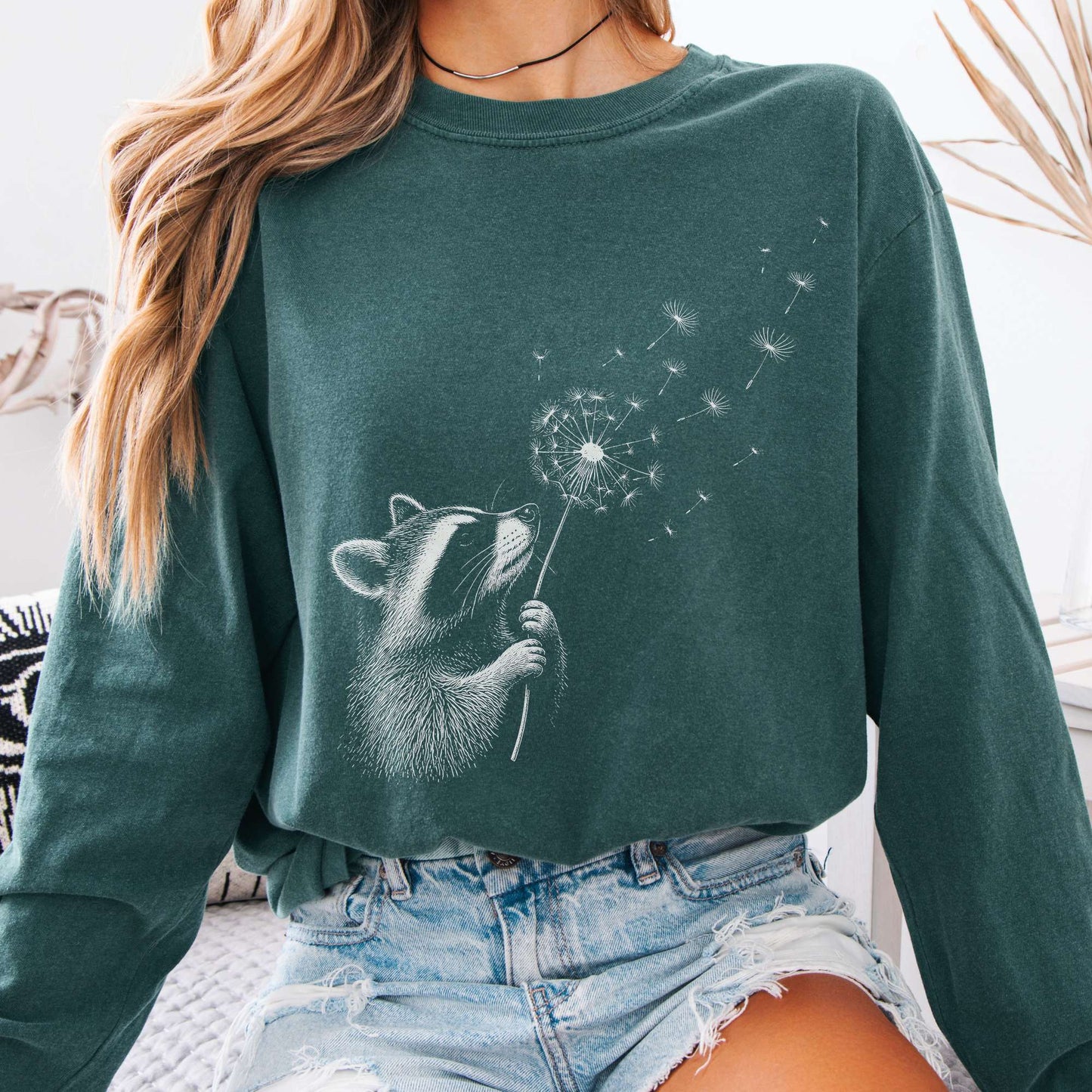 Dandelion Wish Whimsical Raccoon Long Sleeve