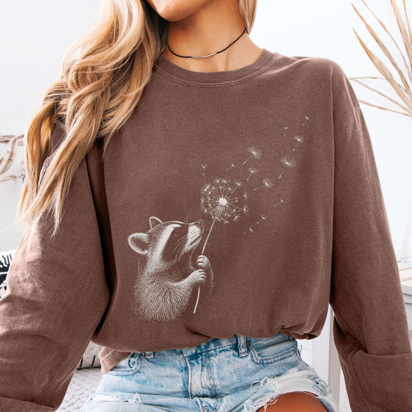 Dandelion Wish Whimsical Raccoon Long Sleeve