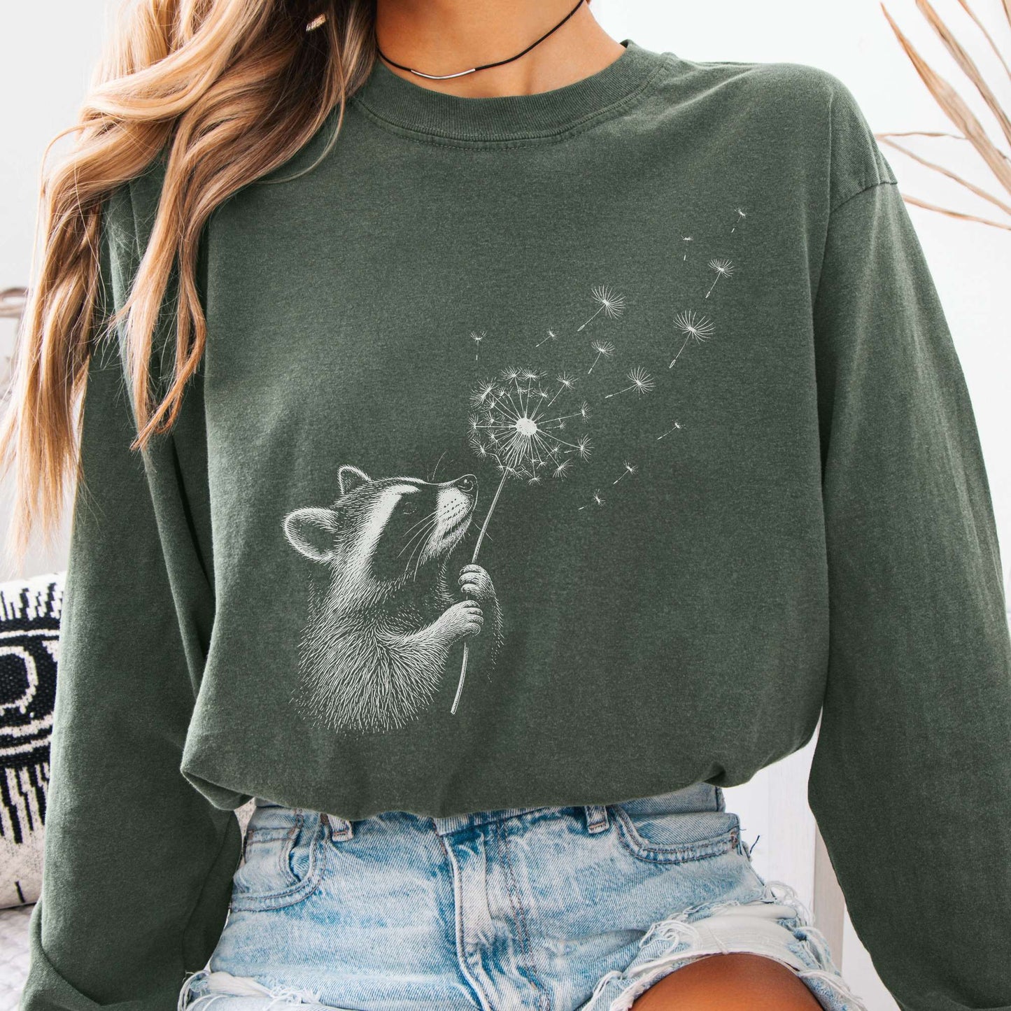 Dandelion Wish Whimsical Raccoon Long Sleeve