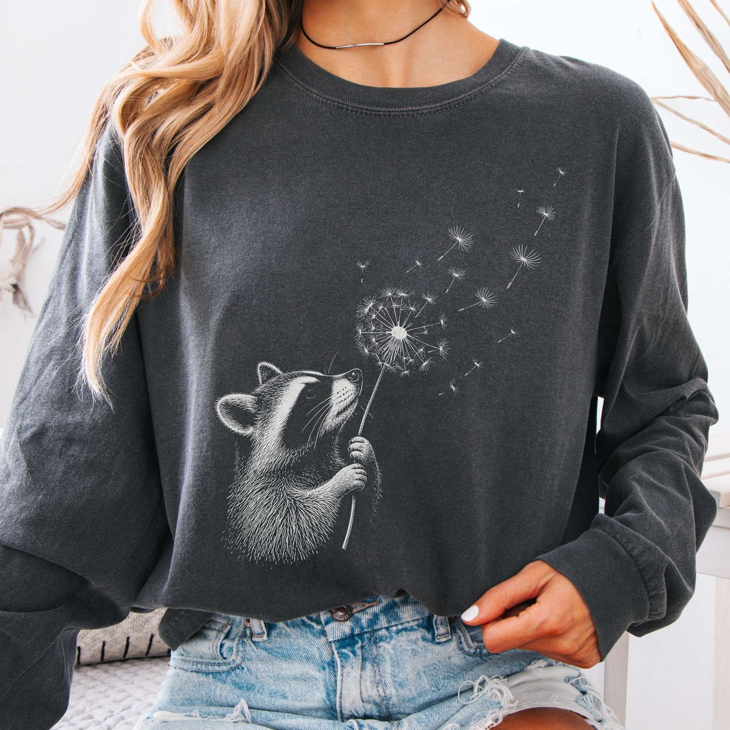 Dandelion Wish Whimsical Raccoon Long Sleeve