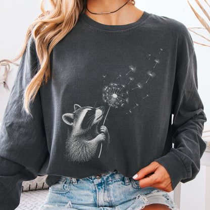Dandelion Wish Whimsical Raccoon Long Sleeve