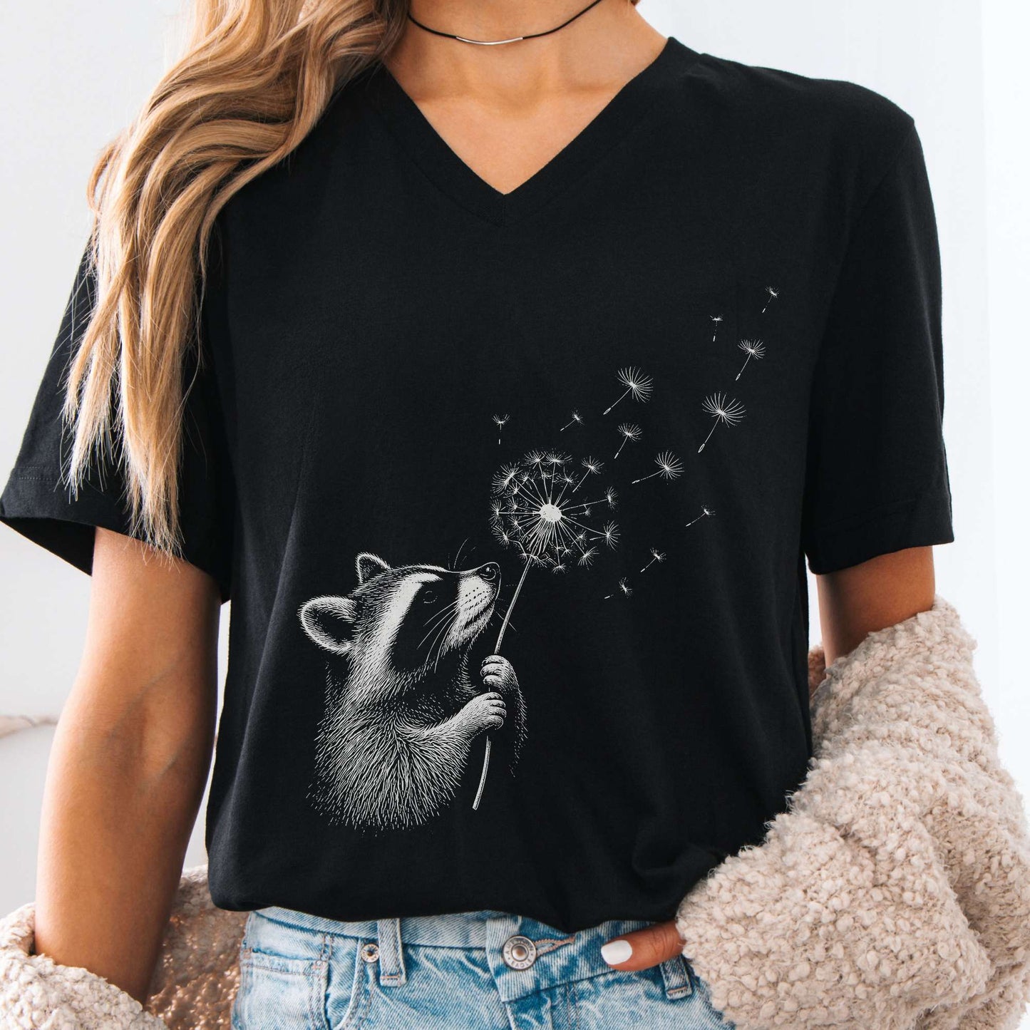 Dandelion Wish Whimsical Raccoon V-Neck