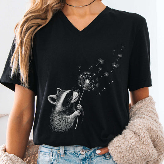 Dandelion Wish Whimsical Raccoon V-Neck