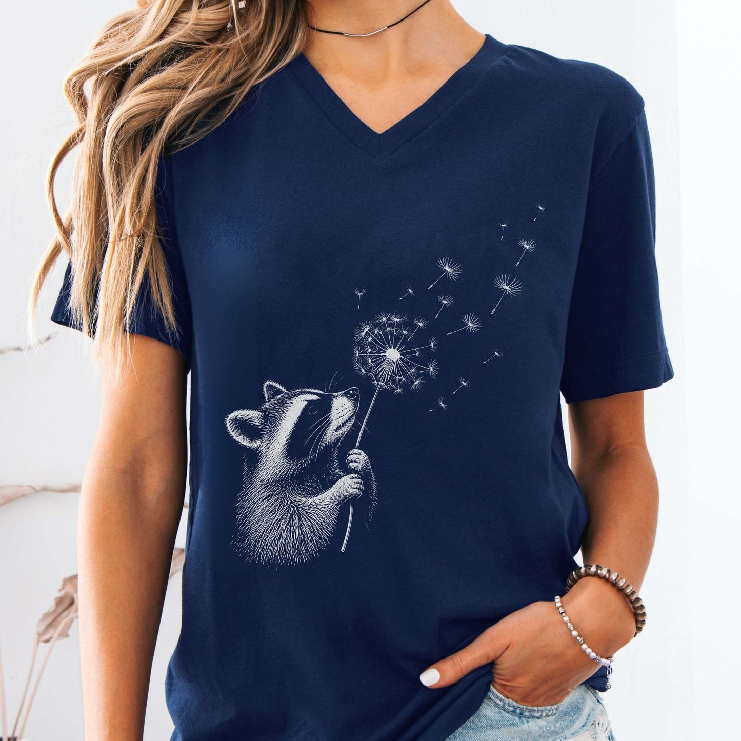 Dandelion Wish Whimsical Raccoon V-Neck