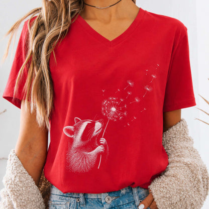 Dandelion Wish Whimsical Raccoon V-Neck