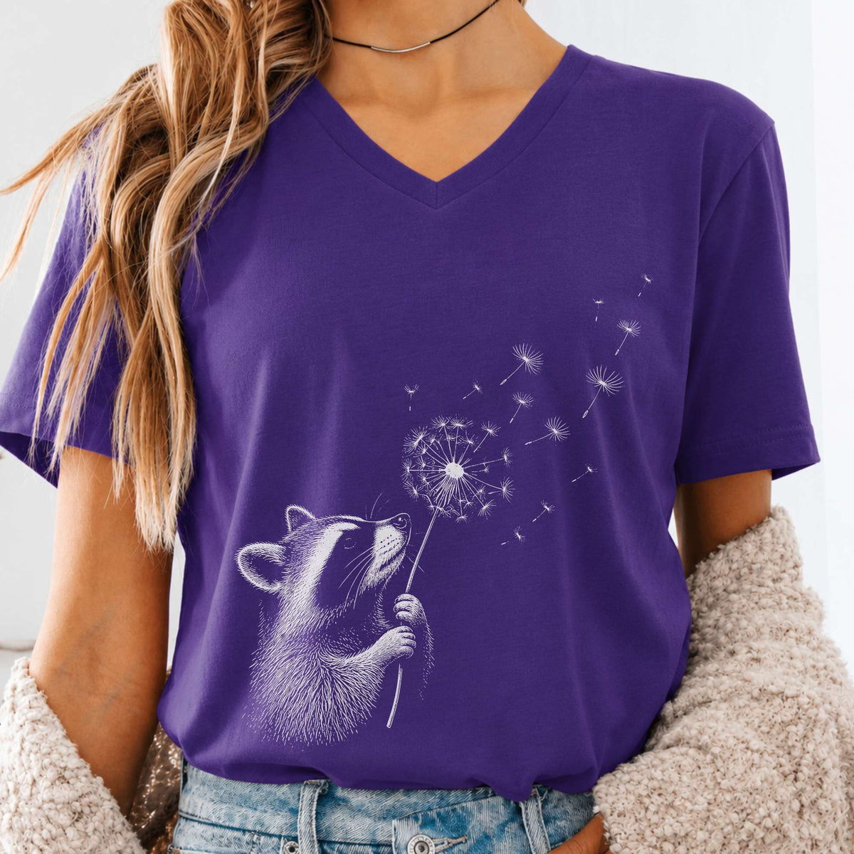 Dandelion Wish Whimsical Raccoon V-Neck