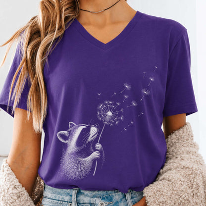 Dandelion Wish Whimsical Raccoon V-Neck