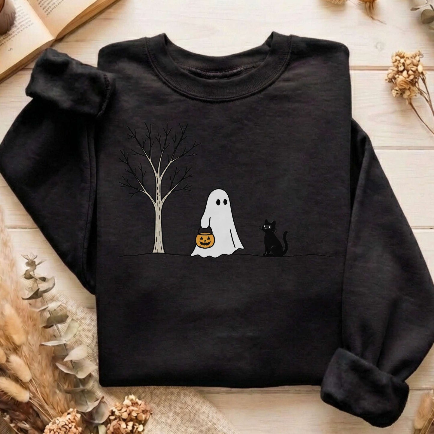 Little Ghost and Black Cat Halloween Sweatshirt