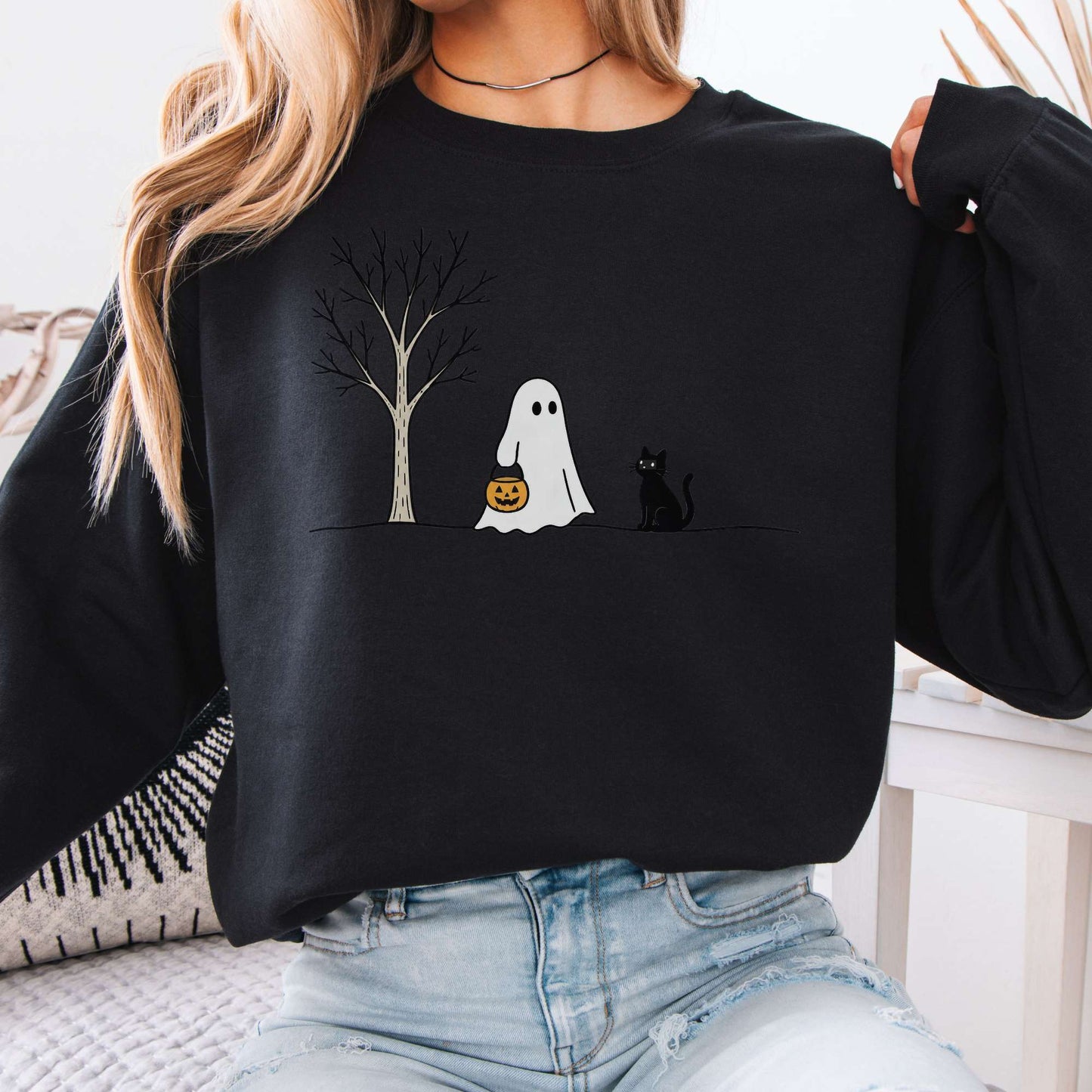 Little Ghost and Black Cat Halloween Sweatshirt