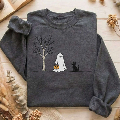 Little Ghost and Black Cat Halloween Sweatshirt