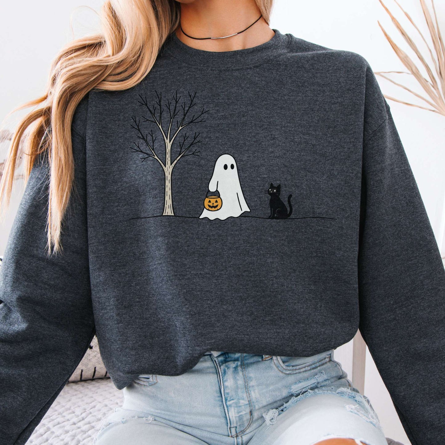 Little Ghost and Black Cat Halloween Sweatshirt