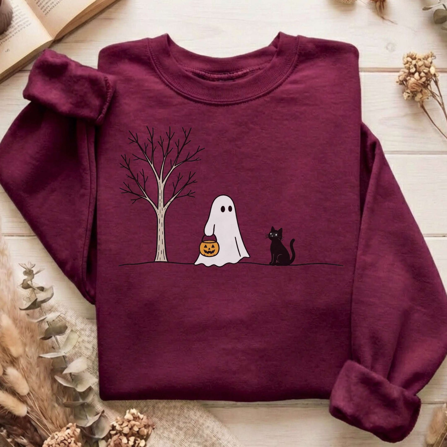 Little Ghost and Black Cat Halloween Sweatshirt
