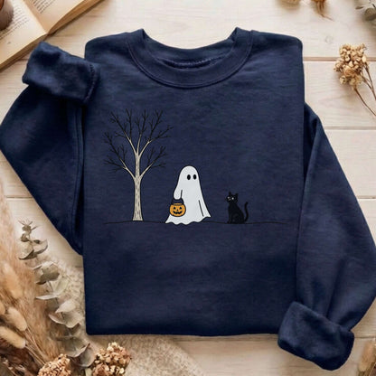 Little Ghost and Black Cat Halloween Sweatshirt