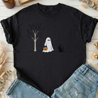 Little Ghost and Black Cat Halloween T-Shirt