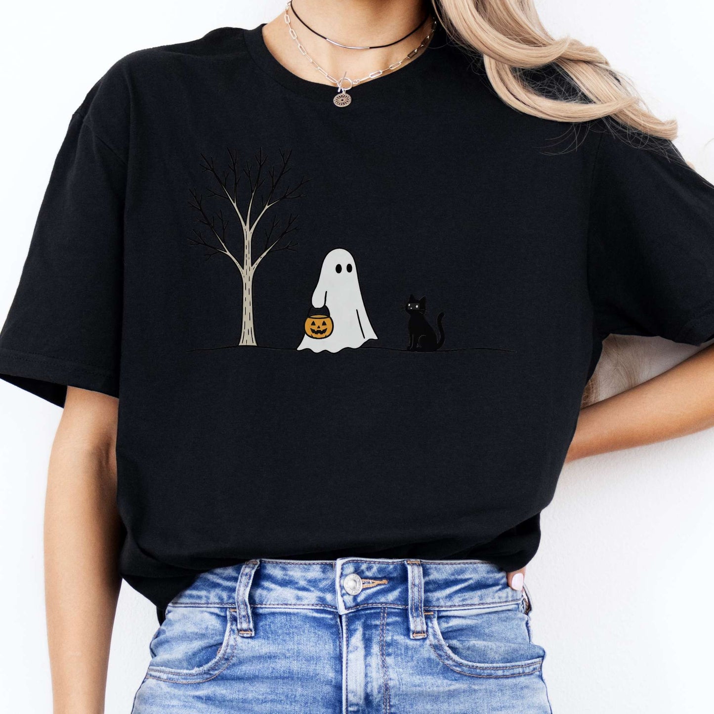 Little Ghost and Black Cat Halloween T-Shirt