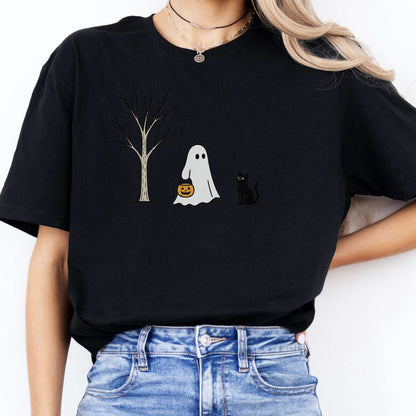 Little Ghost and Black Cat Halloween T-Shirt