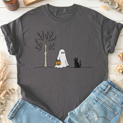 Little Ghost and Black Cat Halloween T-Shirt