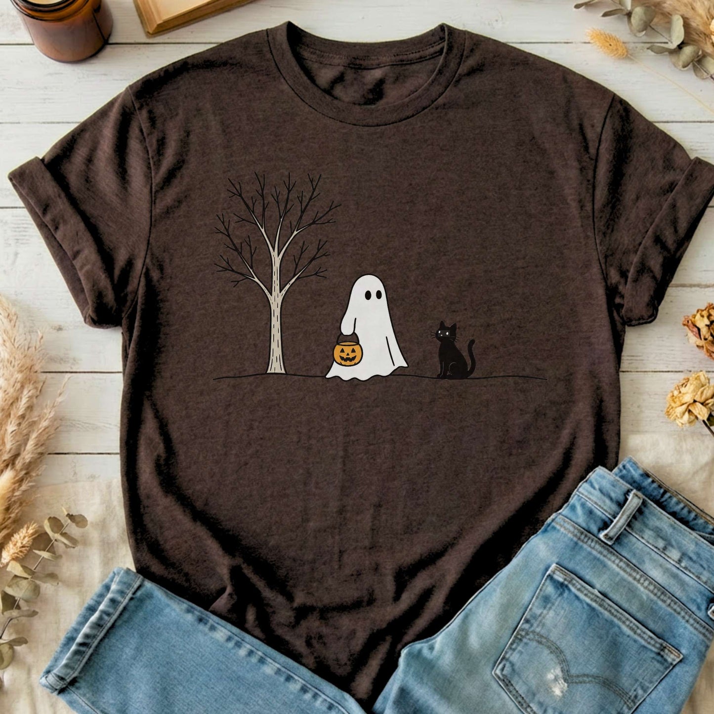 Little Ghost and Black Cat Halloween T-Shirt