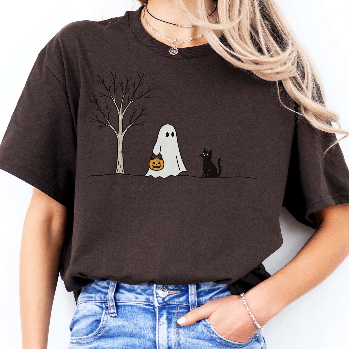 Little Ghost and Black Cat Halloween T-Shirt