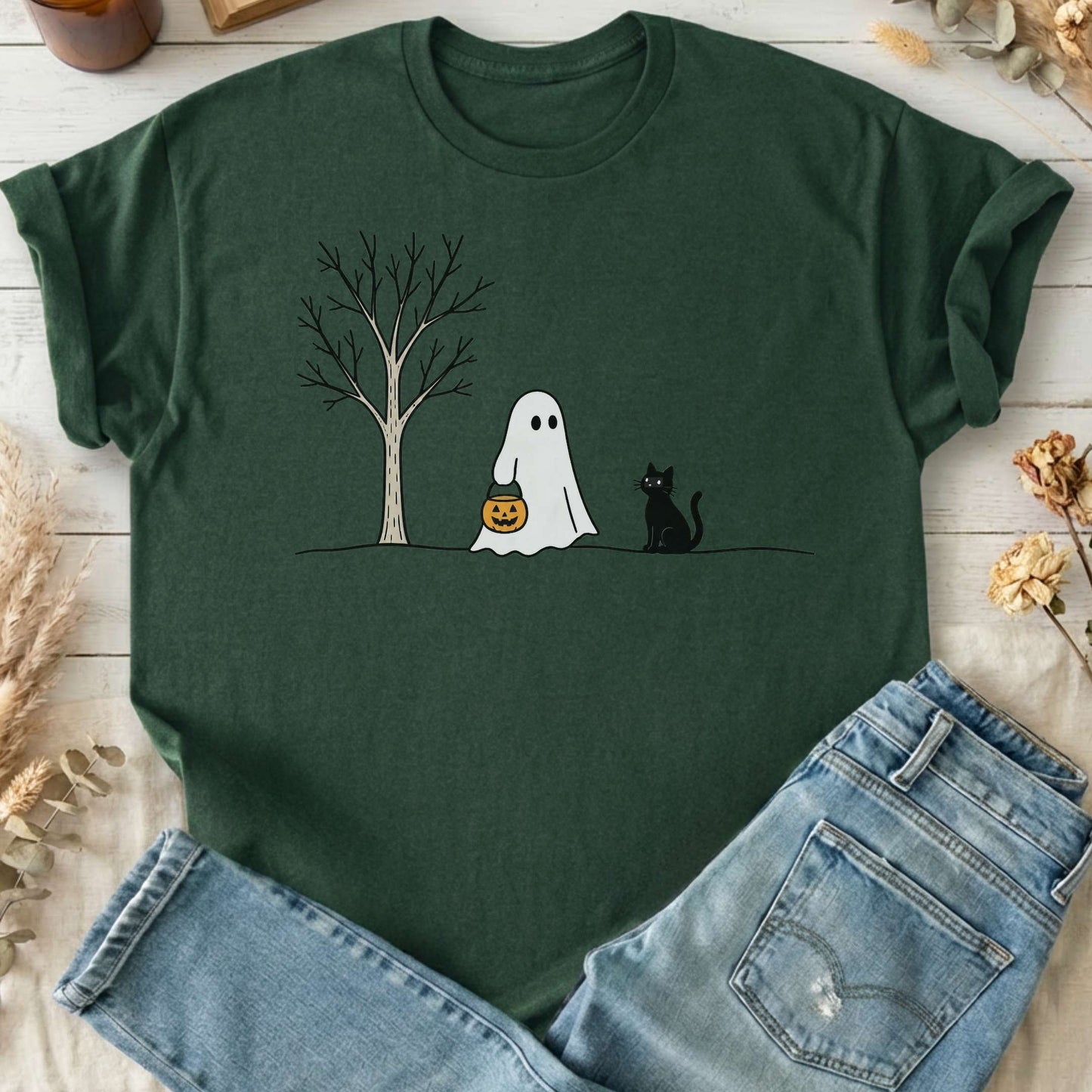 Little Ghost and Black Cat Halloween T-Shirt
