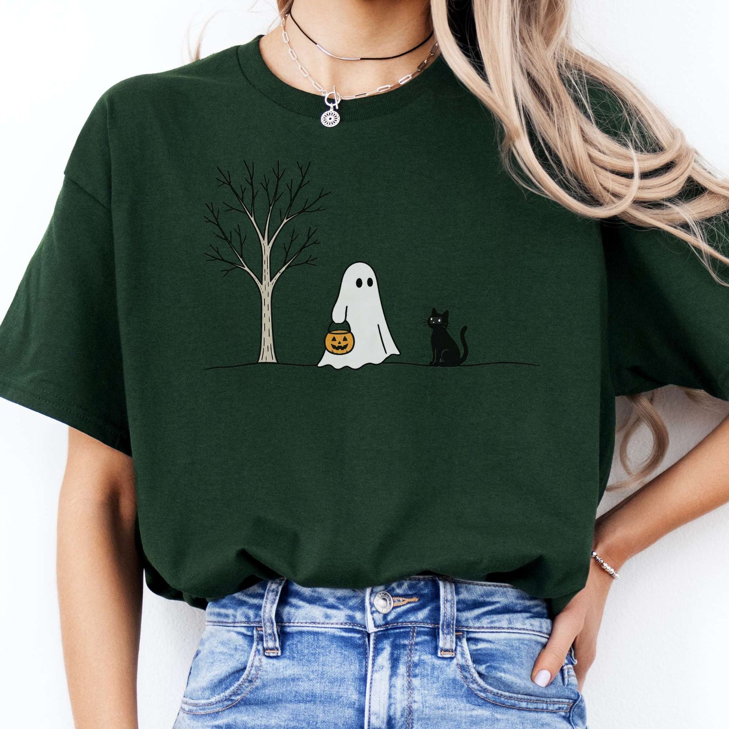 Little Ghost and Black Cat Halloween T-Shirt