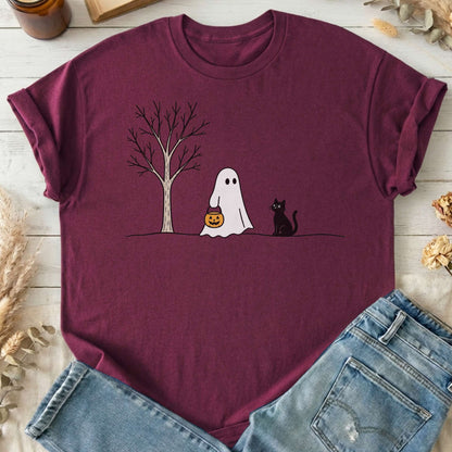 Little Ghost and Black Cat Halloween T-Shirt
