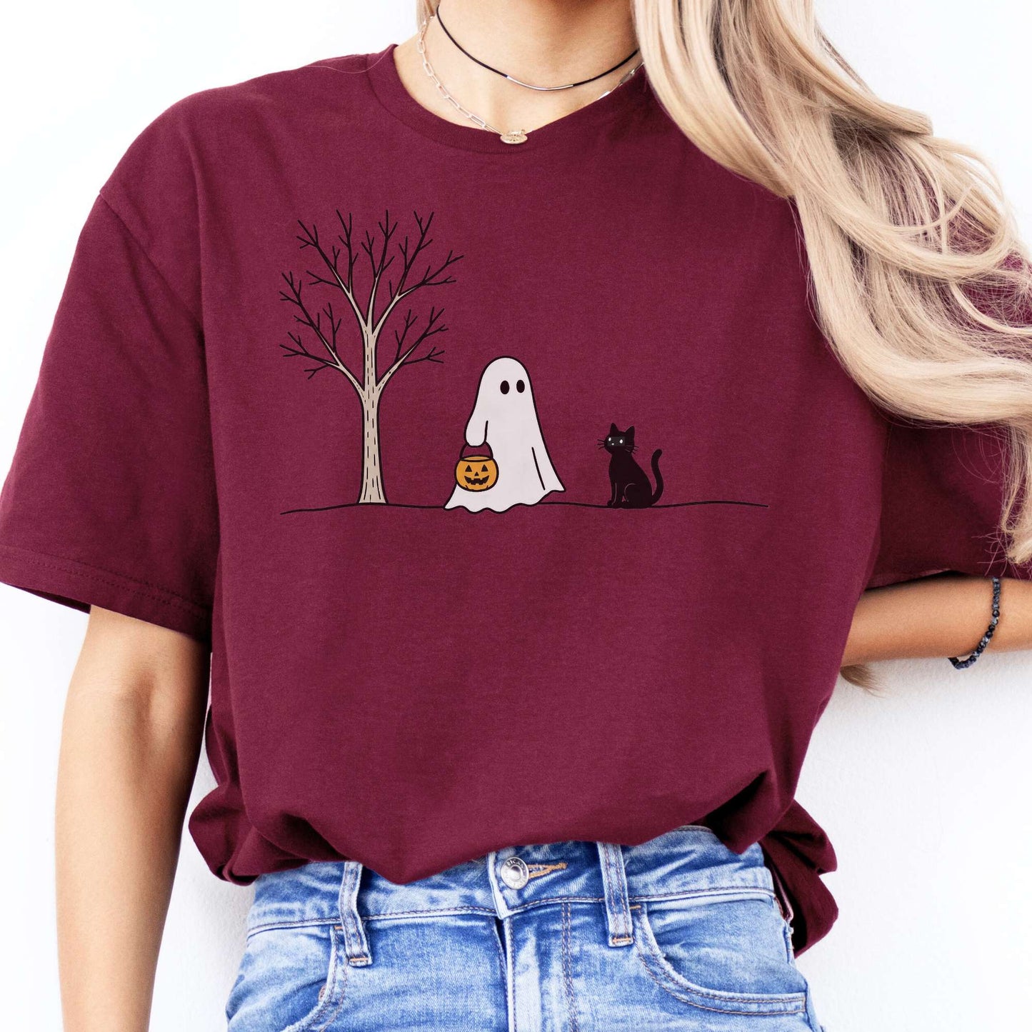 Little Ghost and Black Cat Halloween T-Shirt