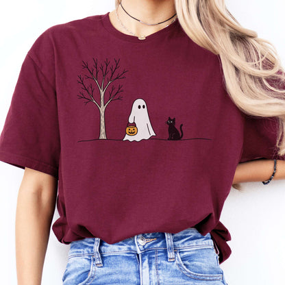 Little Ghost and Black Cat Halloween T-Shirt