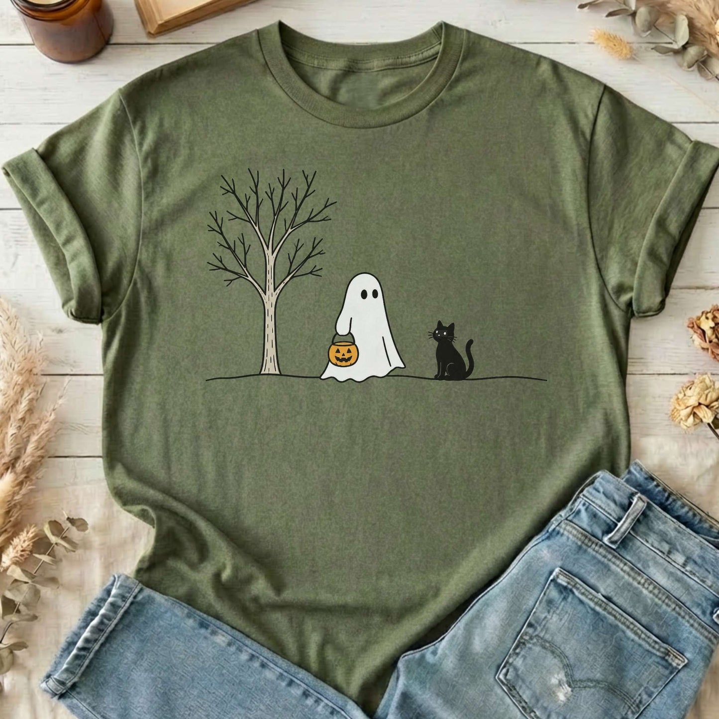 Little Ghost and Black Cat Halloween T-Shirt