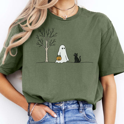 Little Ghost and Black Cat Halloween T-Shirt