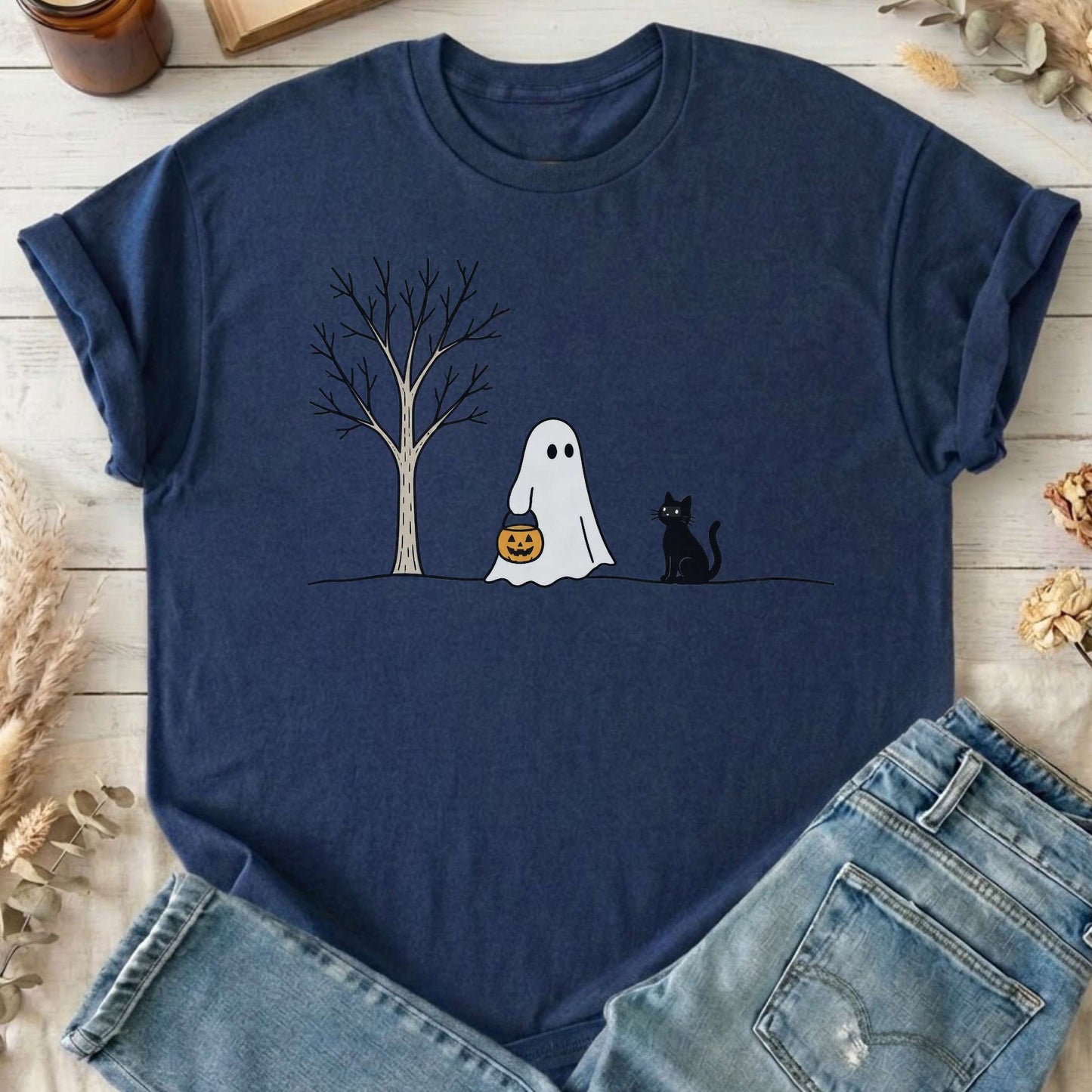 Little Ghost and Black Cat Halloween T-Shirt