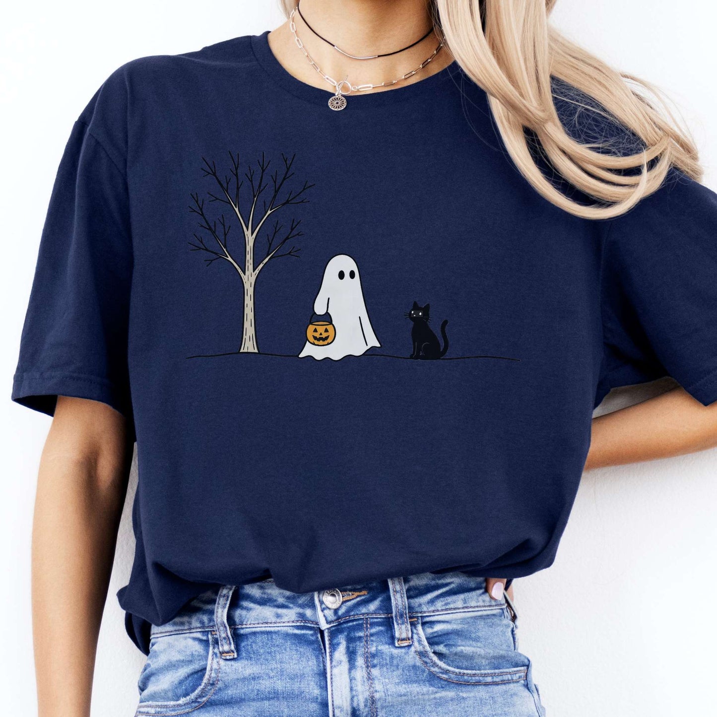 Little Ghost and Black Cat Halloween T-Shirt