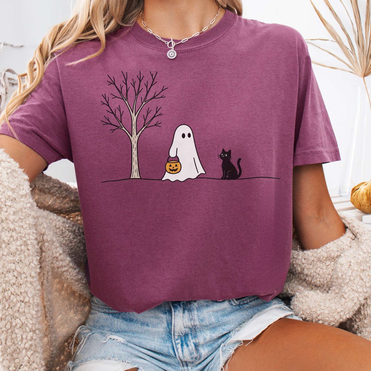 Little Ghost and Black Cat Halloween T-Shirt