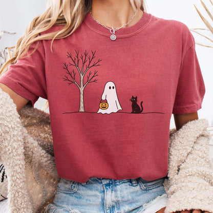 Little Ghost and Black Cat Halloween T-Shirt