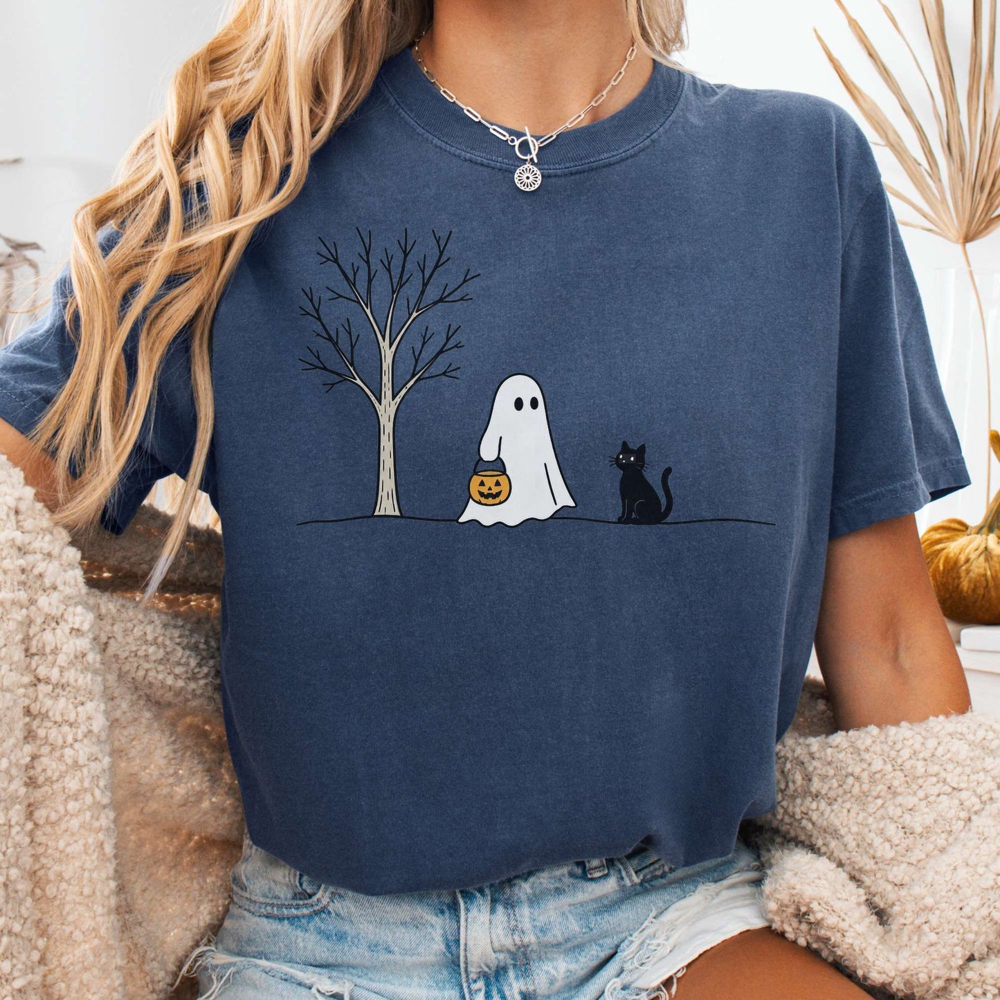 Little Ghost and Black Cat Halloween T-Shirt