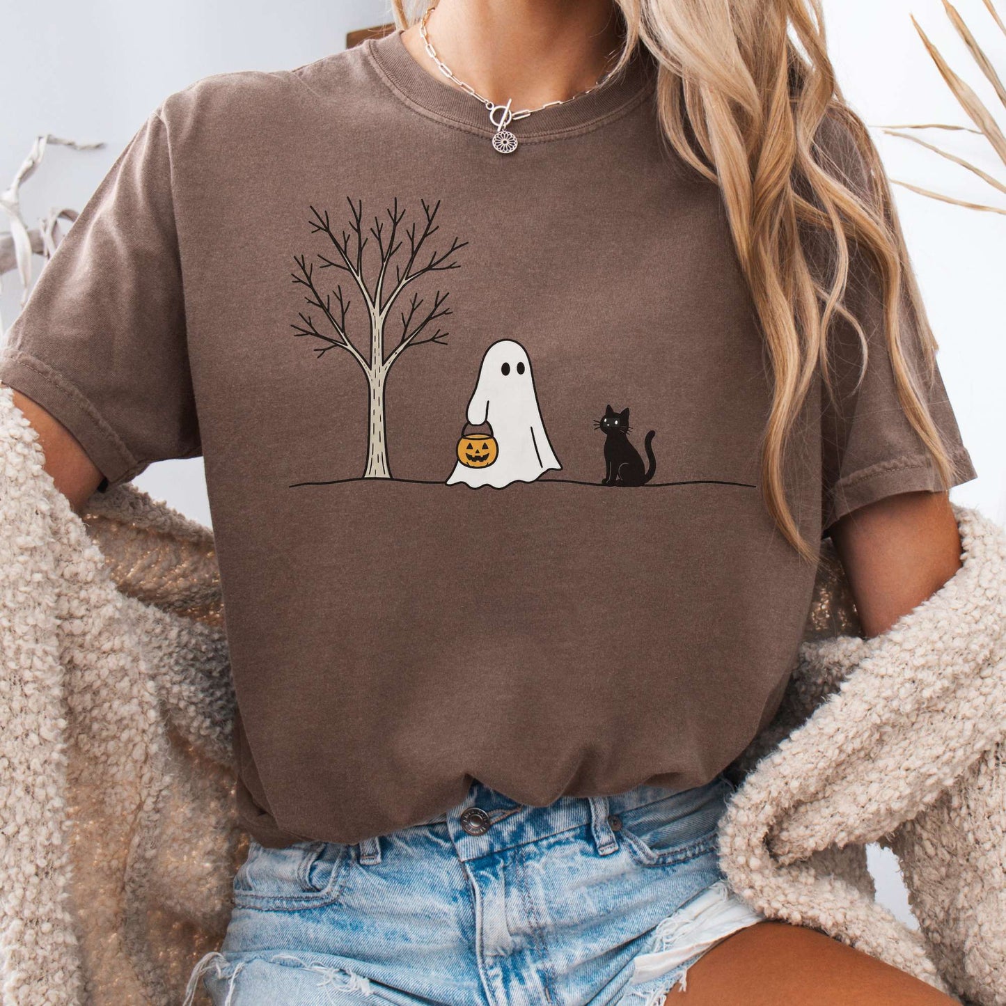 Little Ghost and Black Cat Halloween T-Shirt