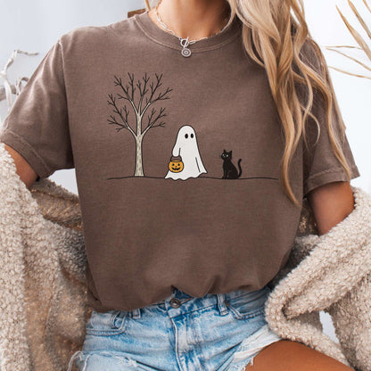 Little Ghost and Black Cat Halloween T-Shirt