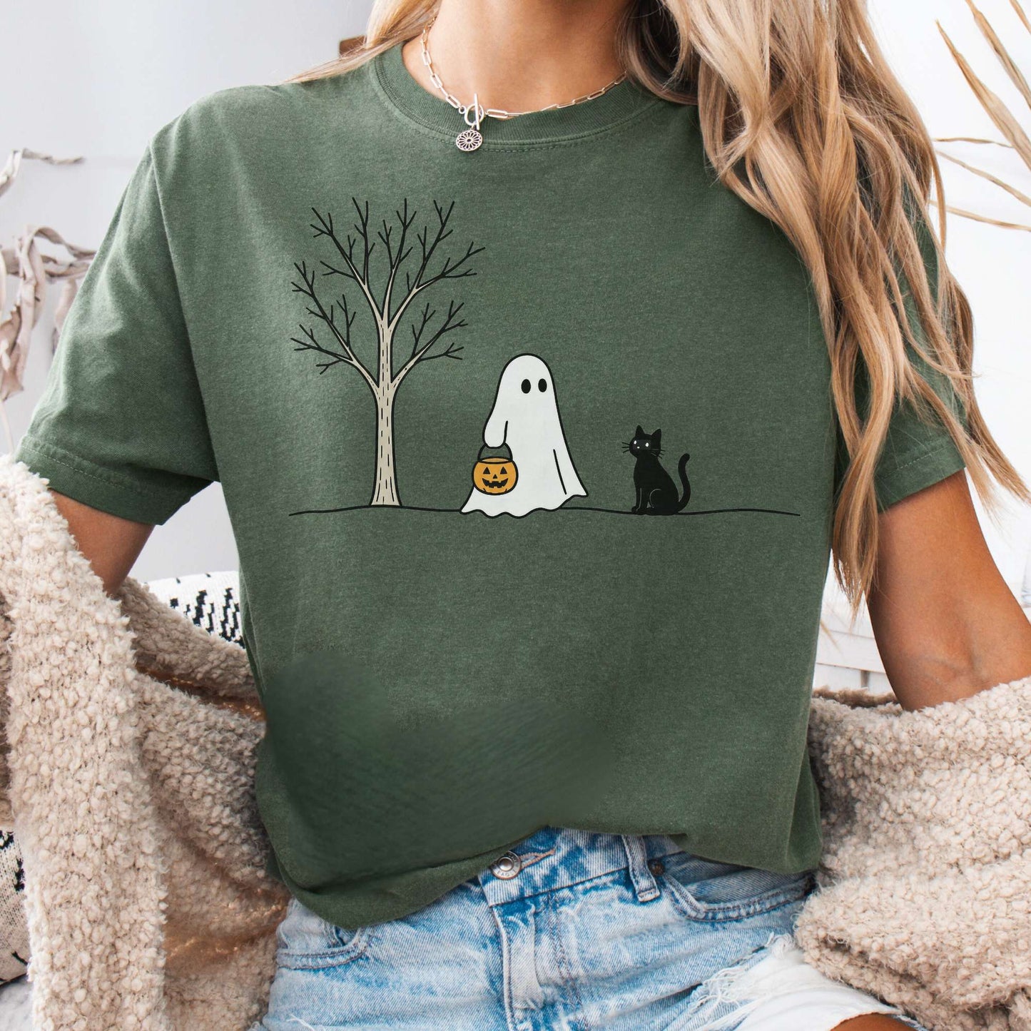 Little Ghost and Black Cat Halloween T-Shirt