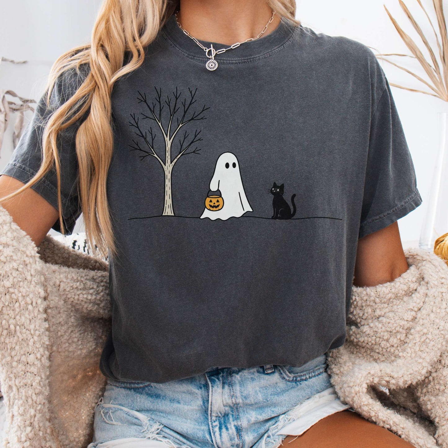 Little Ghost and Black Cat Halloween T-Shirt