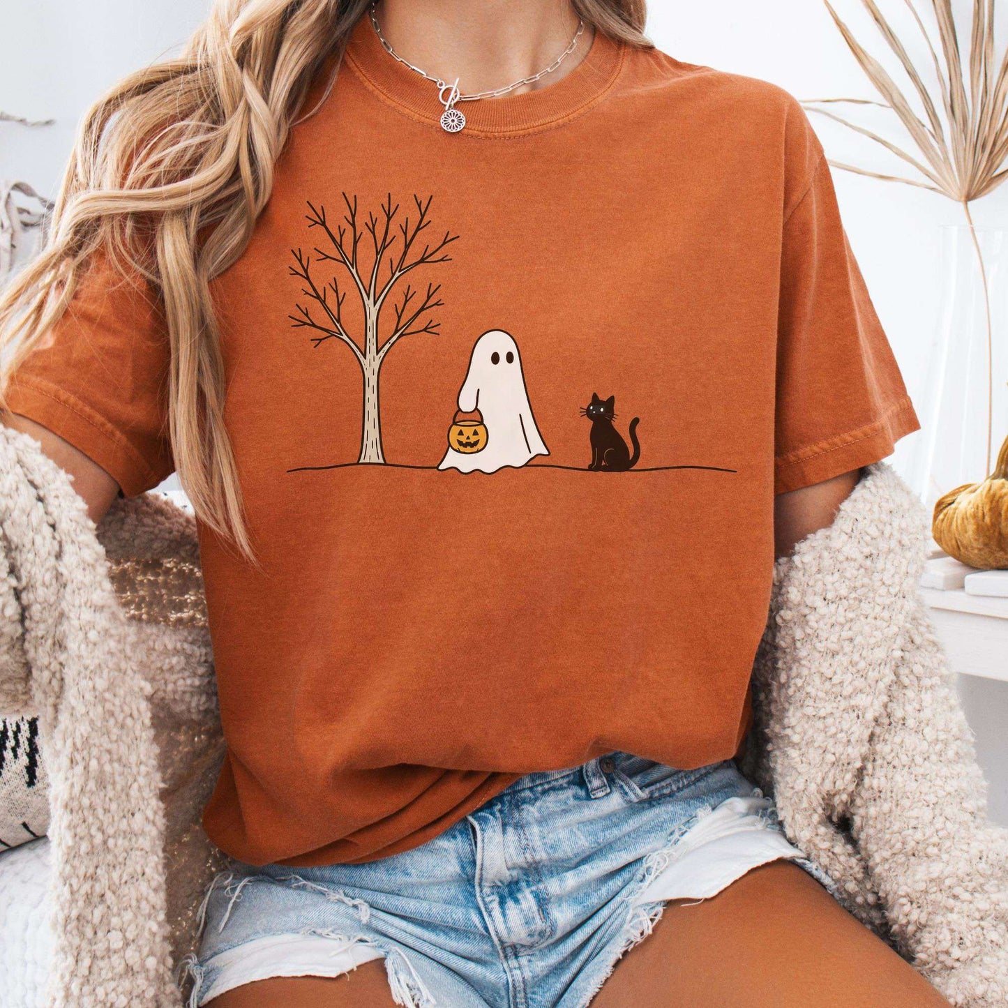 Little Ghost and Black Cat Halloween T-Shirt