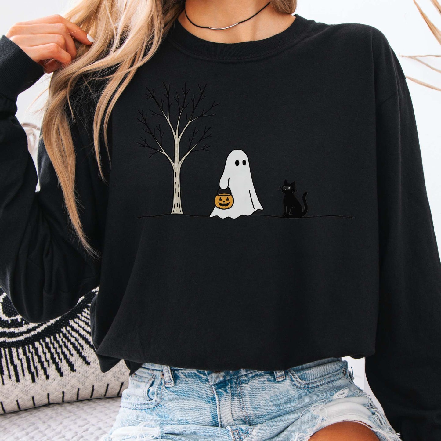 Little Ghost and Black Cat Halloween Long Sleeve