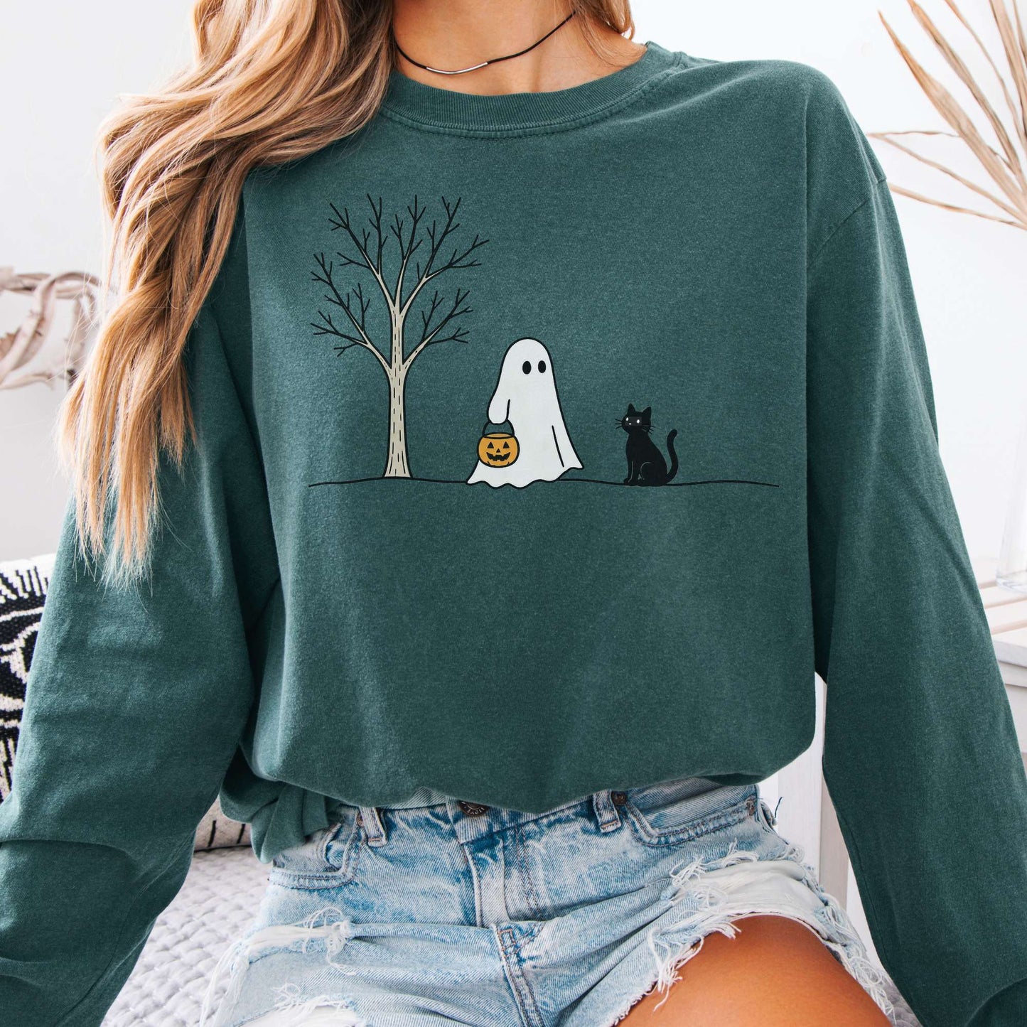 Little Ghost and Black Cat Halloween Long Sleeve