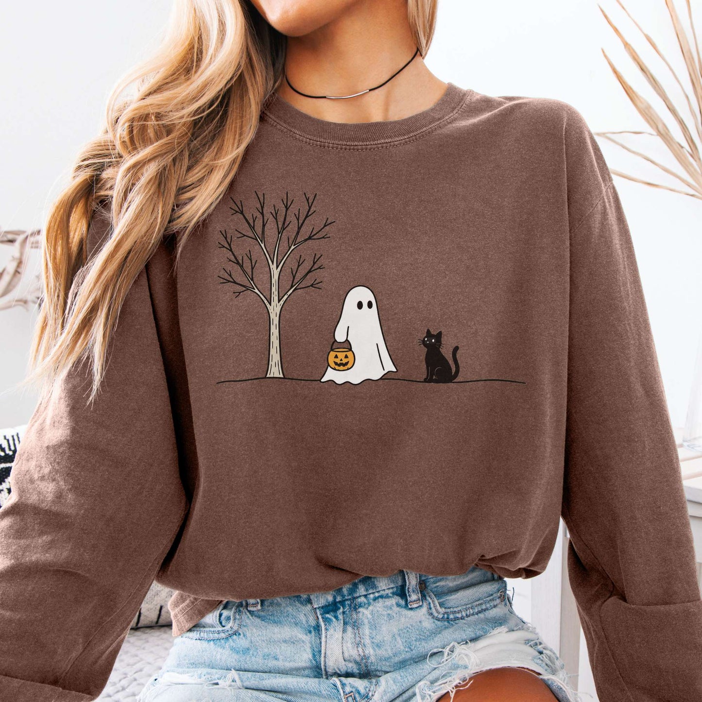 Little Ghost and Black Cat Halloween Long Sleeve