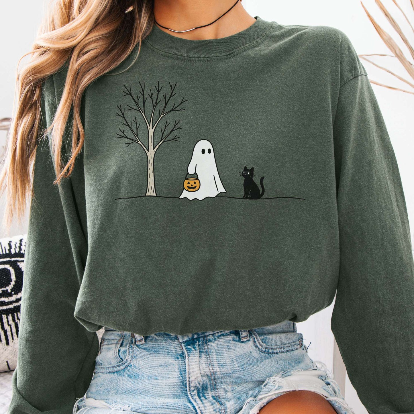 Little Ghost and Black Cat Halloween Long Sleeve