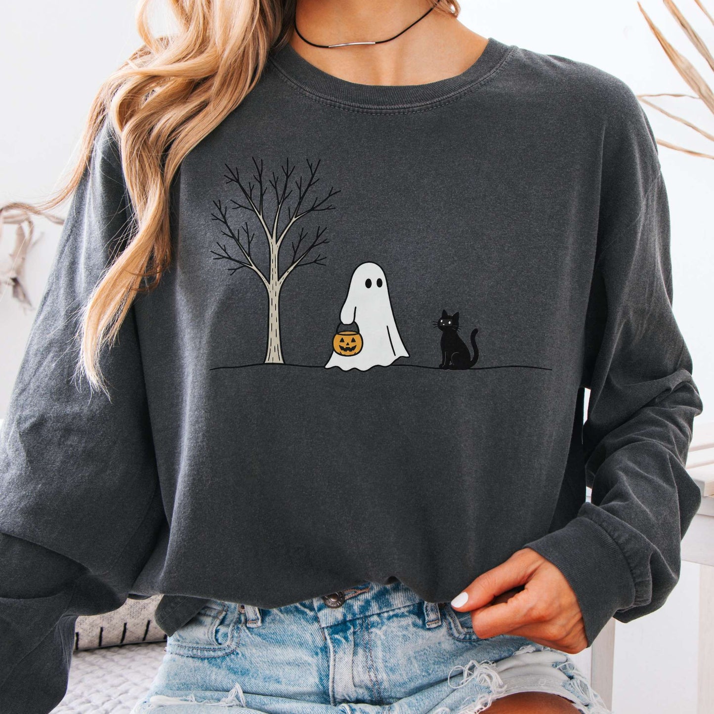 Little Ghost and Black Cat Halloween Long Sleeve